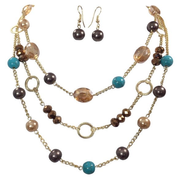 3 Row Layered Glass Pearl & Turquoise Stone Beaded Necklace Earrings Set - Picture 1 of 3